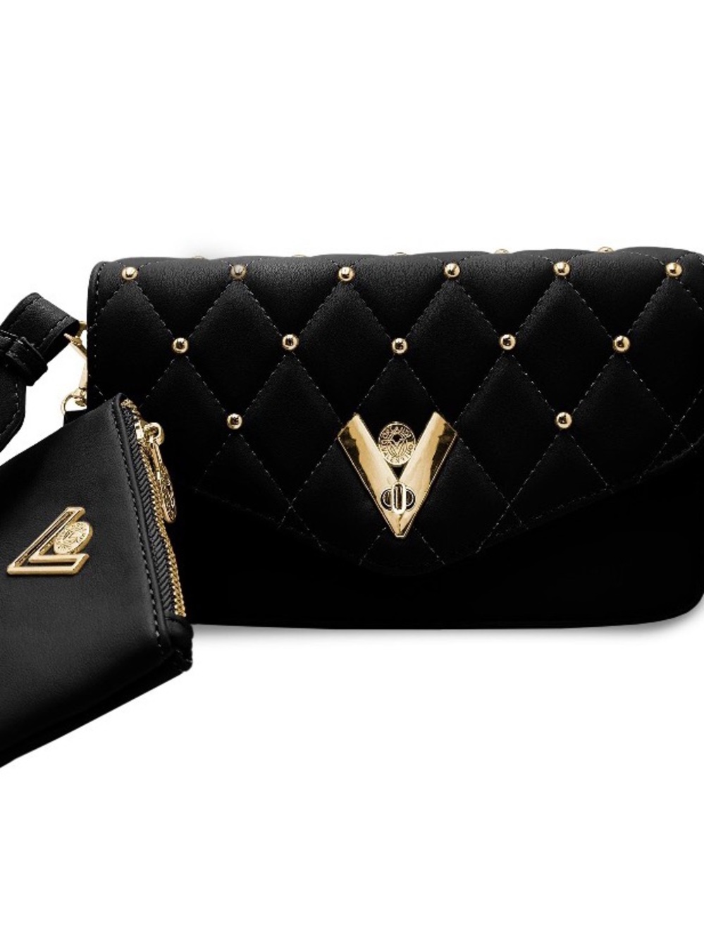 NWT Valentino Orlandi Black Quilted Crossbody w/ matching Pouch & Gold Hardware